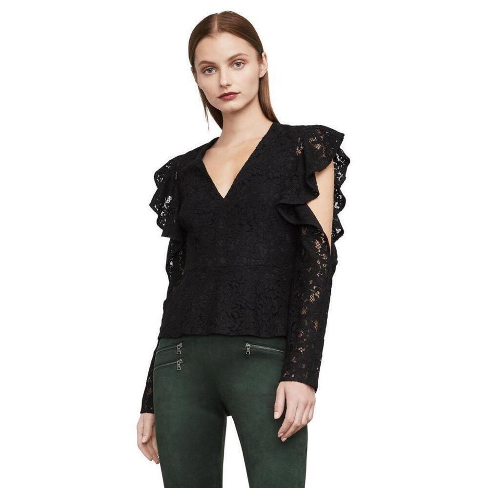 BCBGMAXAZRIA Women's Gil Lace Cut Out Peplum Blouse In Black Size XS $322
